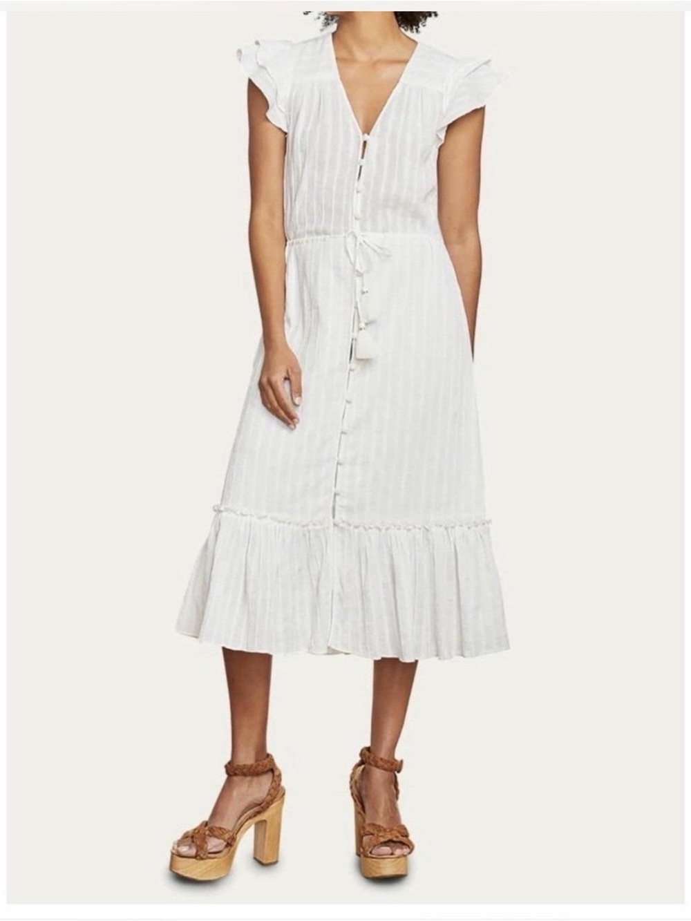 Veronica Bear White Button-Front Ruffle Midi Dress